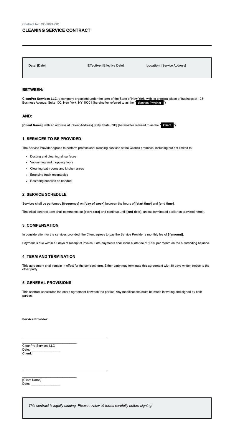 Detailed specification cleaning contract